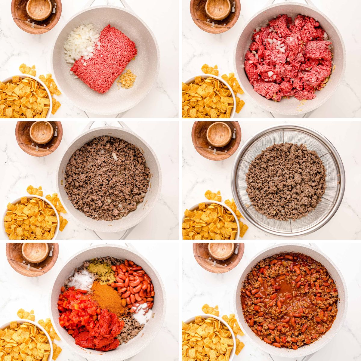 Step by step photo collage showing how to make frito chili pie.