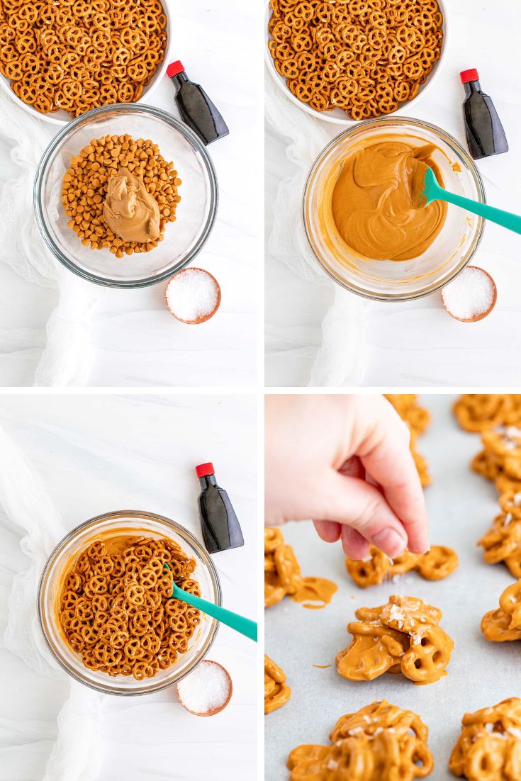 Step by step photo collage showing how to make no bake peanut butter pretzel cookies.