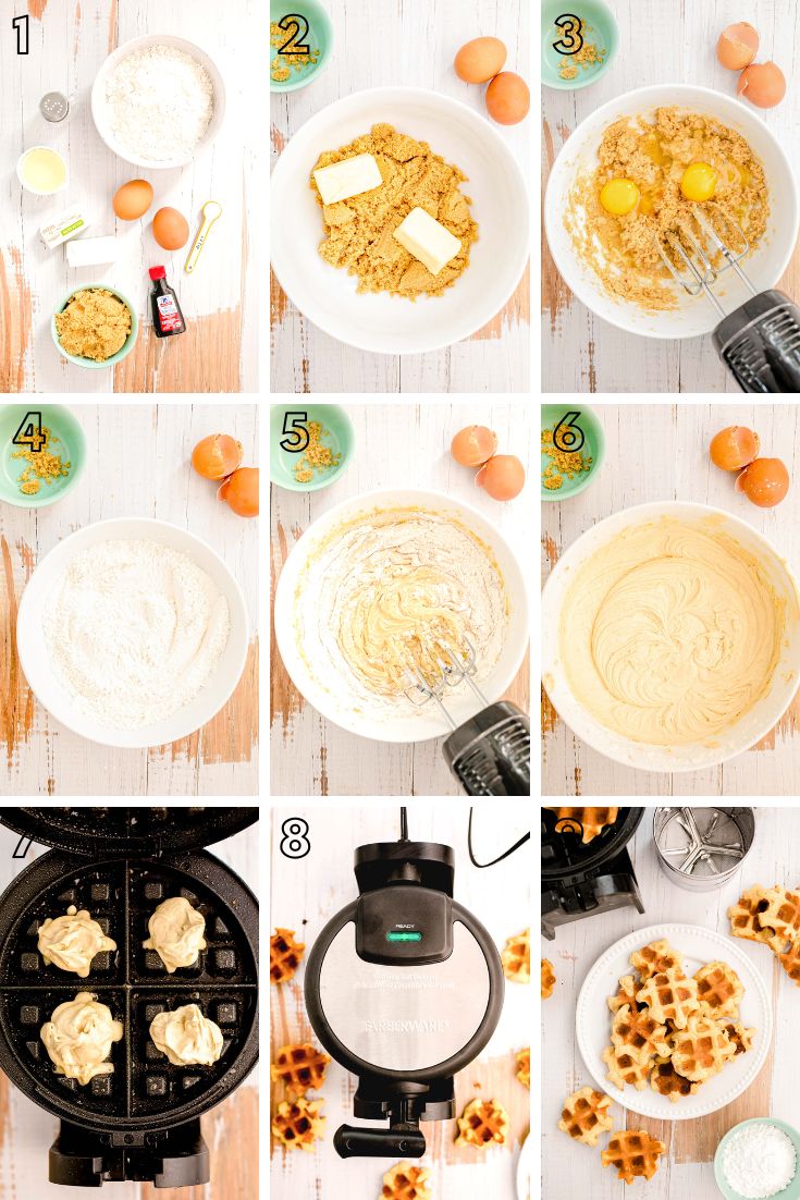 step by step photo collage showing how to make waffle iron cookies.