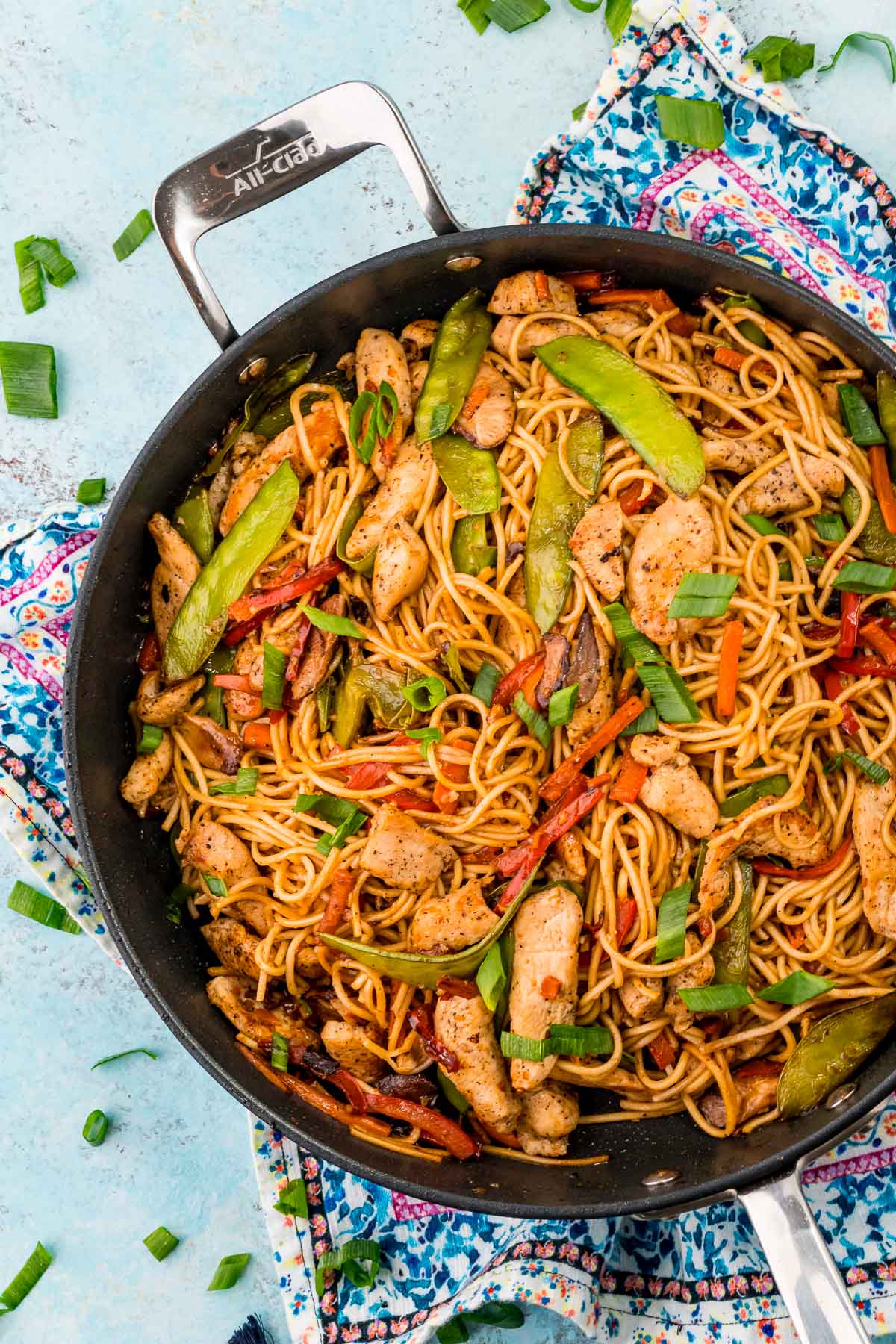 Overhead photo of a pan filled with chicken lo mein.