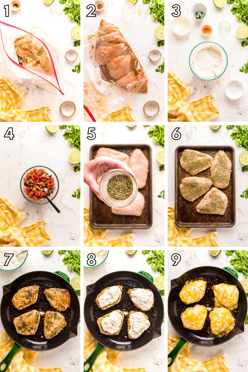 Step by step photo collage showing how to make applebee's copycat fiesta lime chicken.