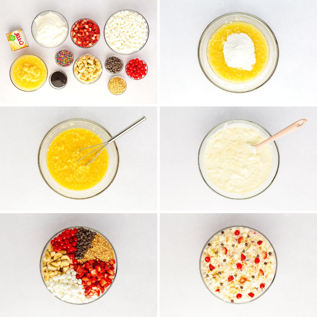 Step by step photo collage showing how to make banana split salad.