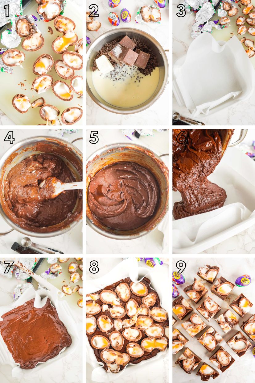 Step-by-step photo collage showing how to make cadbury fudge with creme eggs.