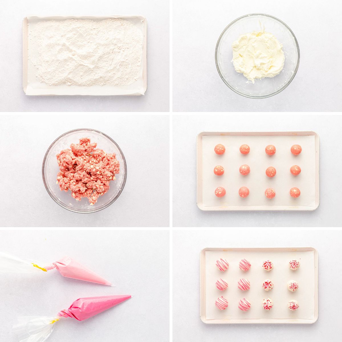 Step by step photo collage showing how to make strawberry cake balls.