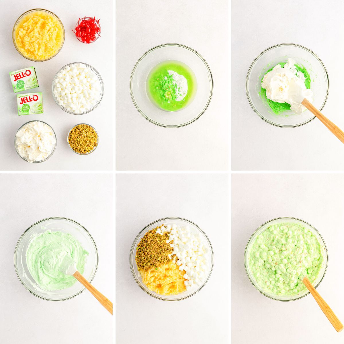 Step by step photo collage showing how to make watergate salad (pineapple pistachio fluff).