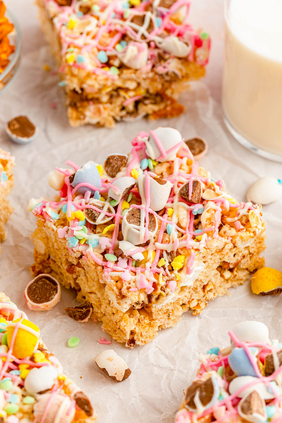Easter Cadbury Egg Rice Krispie Treats on a piece of parchment paper.