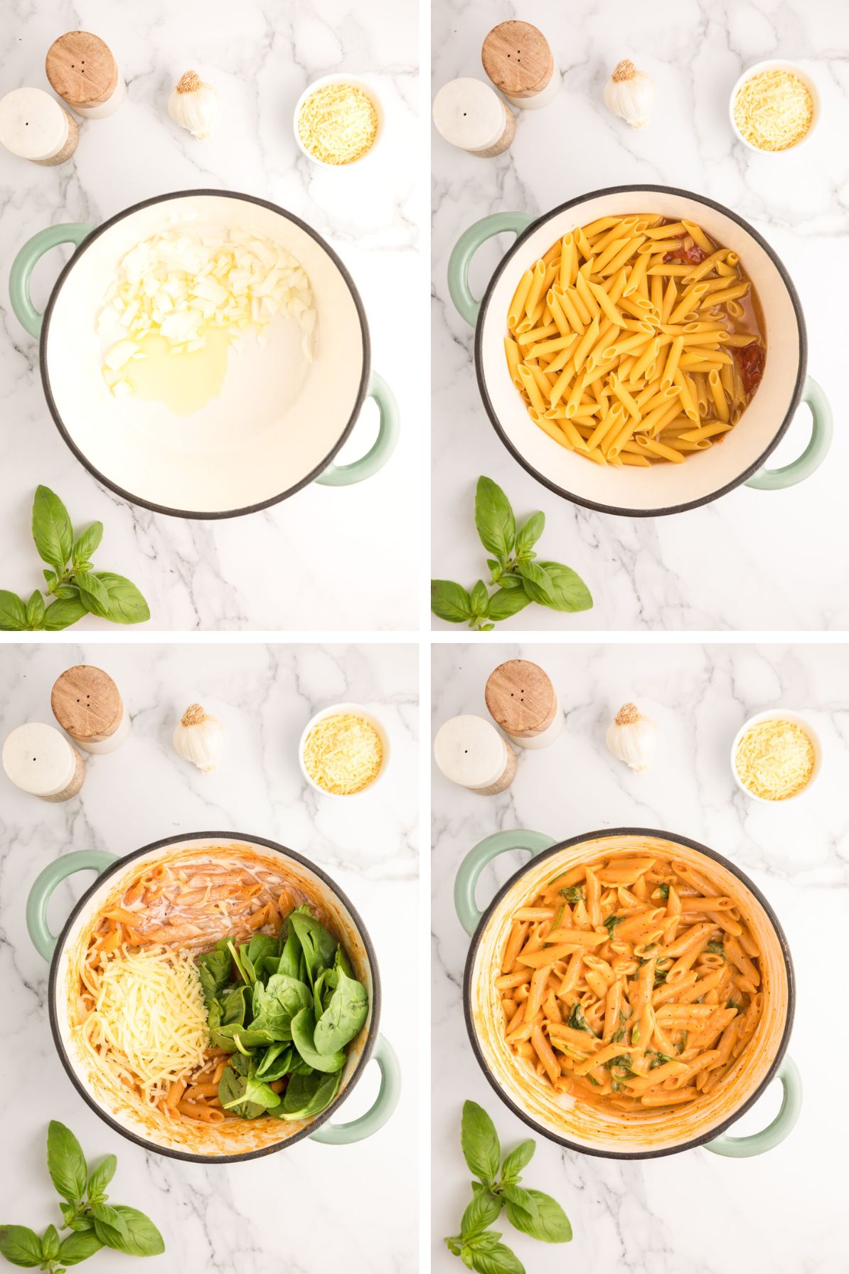Step by step photo collage showing how to make one-pot creamy tomato pasta in a Dutch oven.
