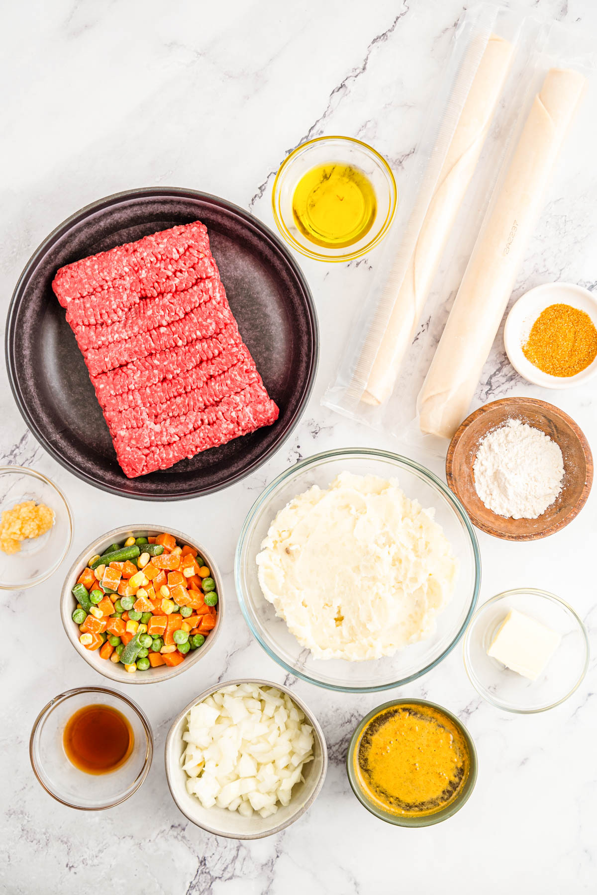 ingredients for shepherds pie bites on table.