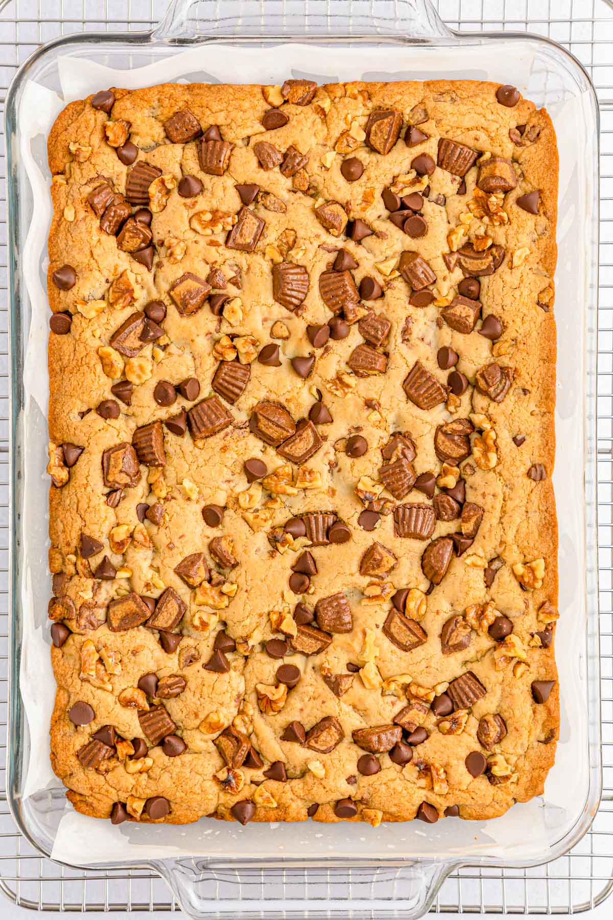 A glass pan with peanut butter cookie bars in it.