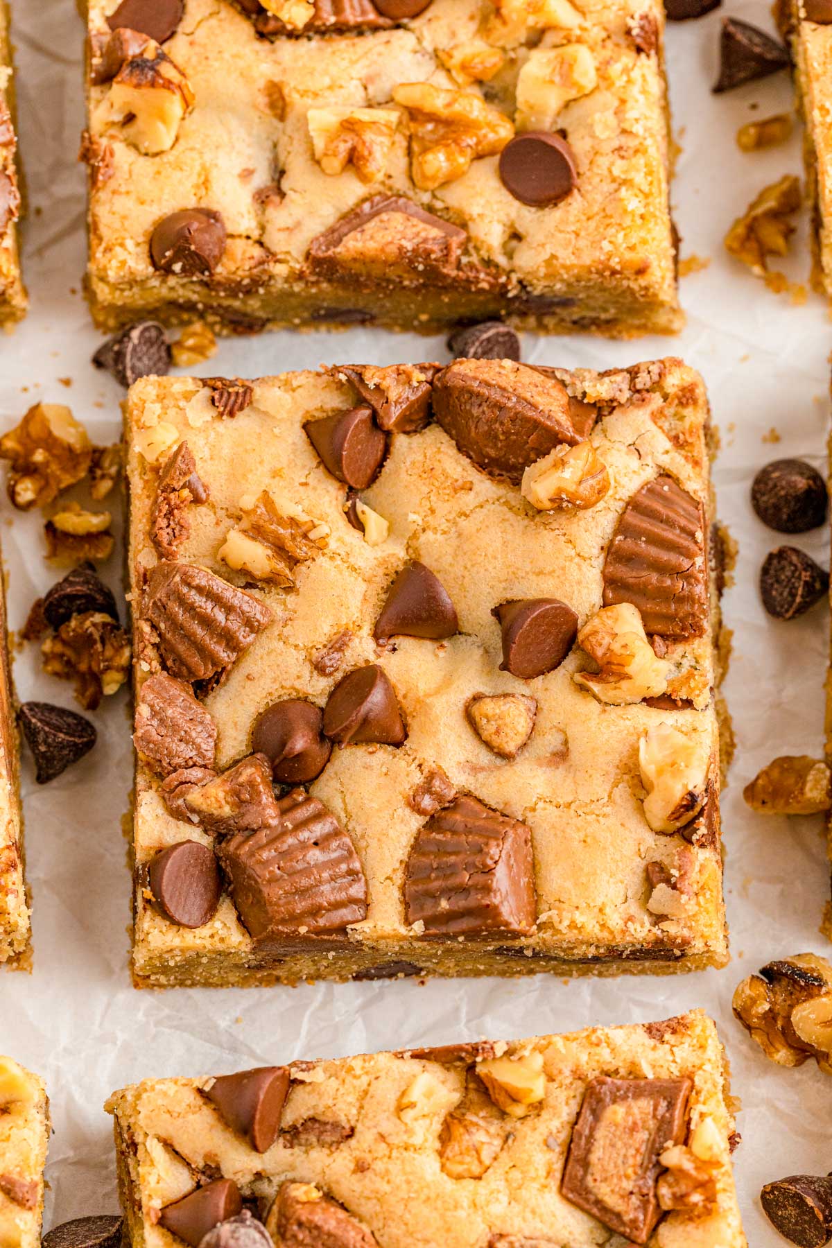 Peanut Butter Cookie Bars on a piece of parchment.