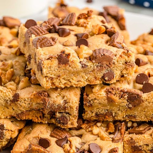 Peanut Butter Cookie Bars on a white plate.