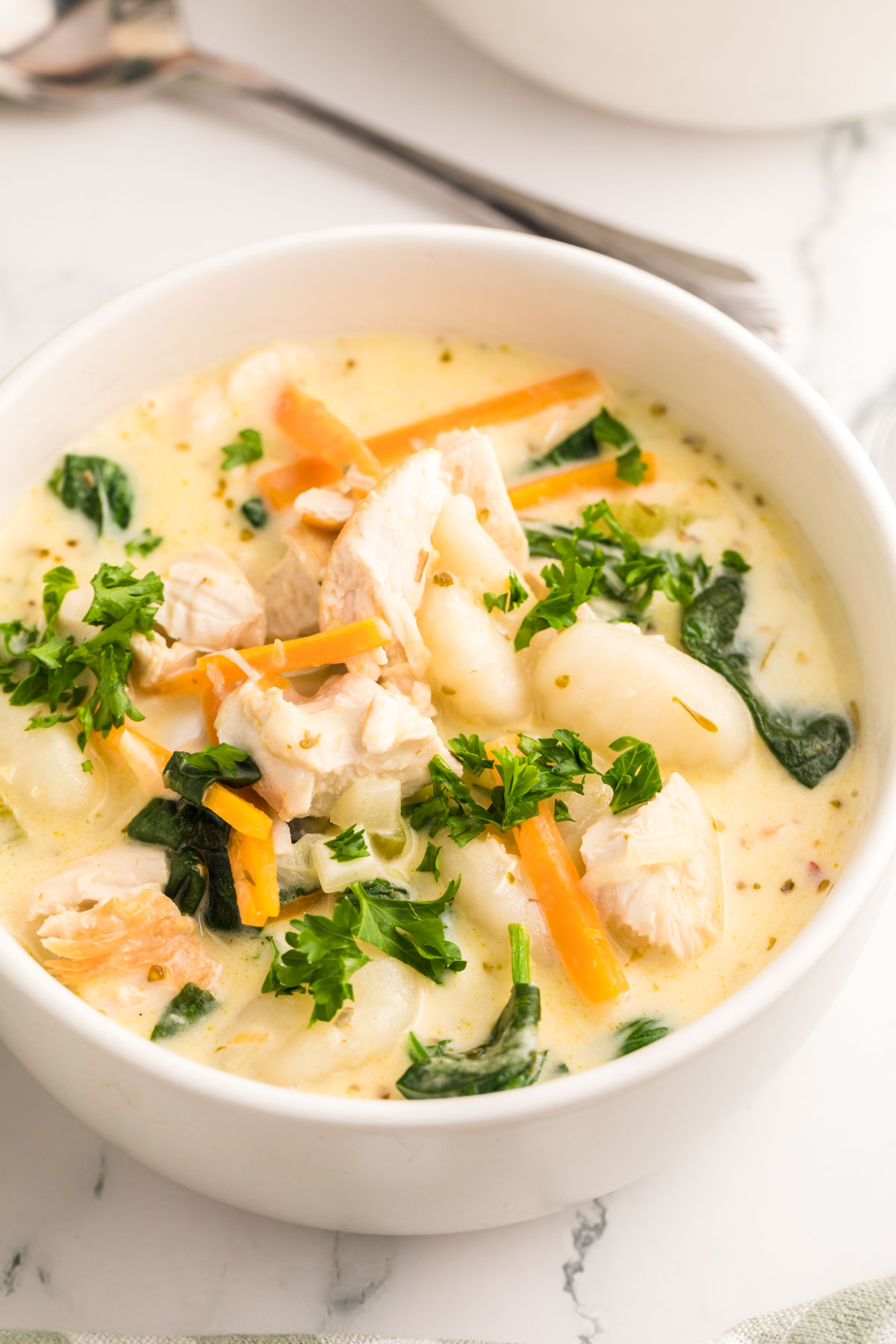 A white bowl filled with chicken gnocchi soup.