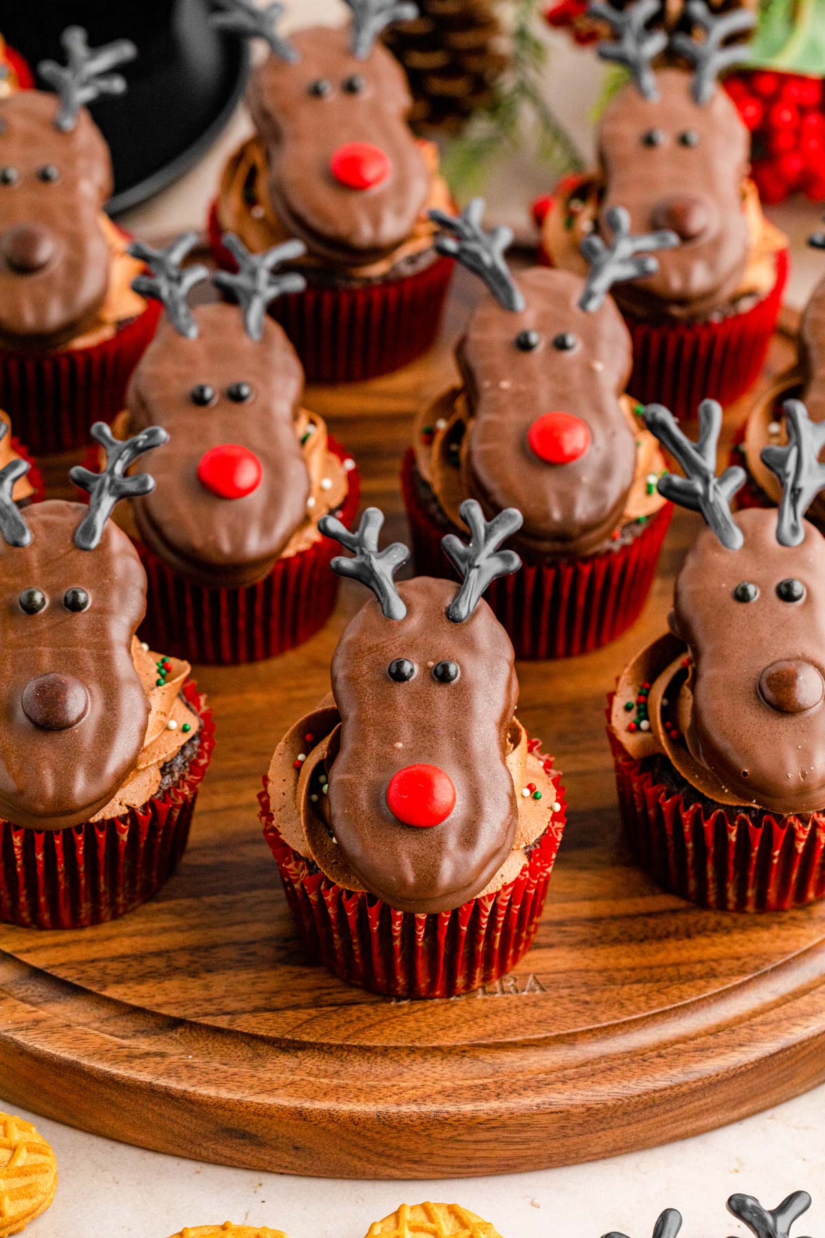 Close up of Nutter Butter Reindeer Cupcakes.